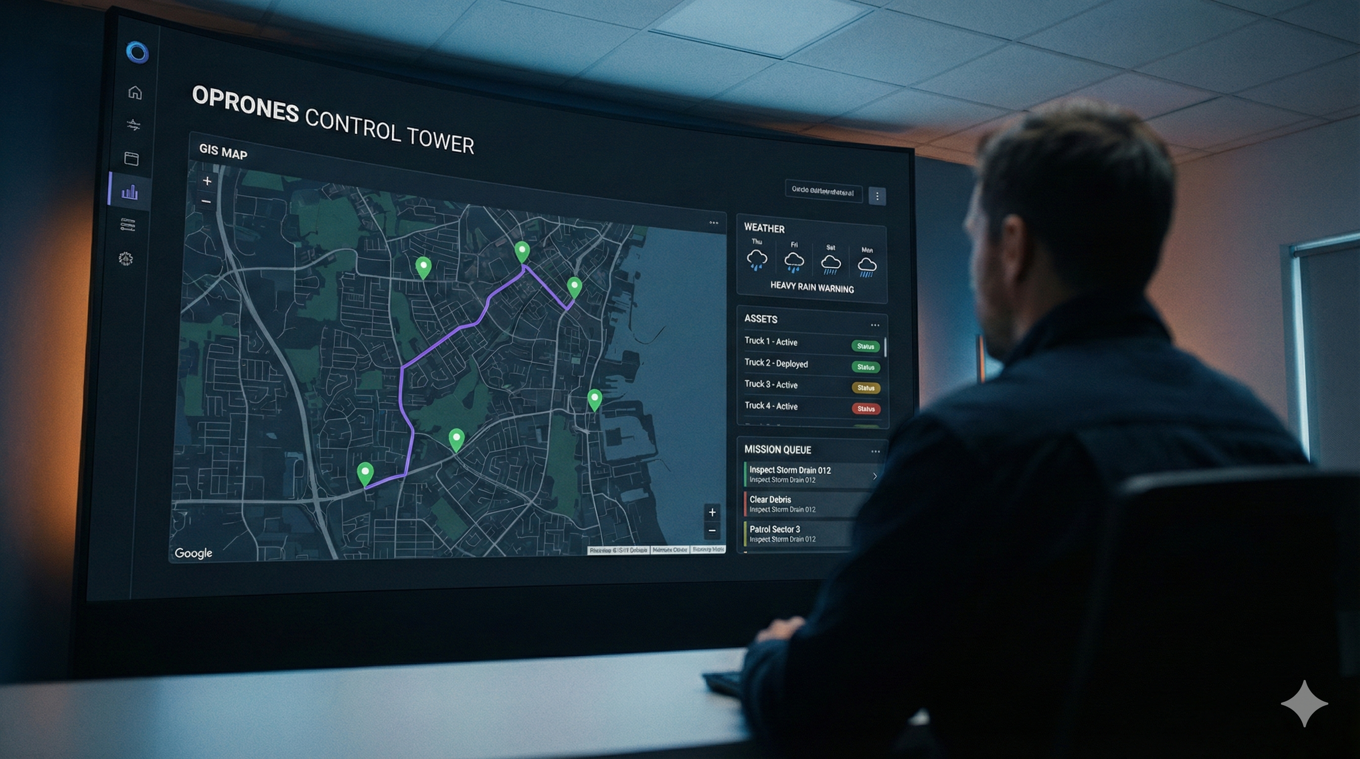 Control tower dashboard dispatching field teams from a GIS map